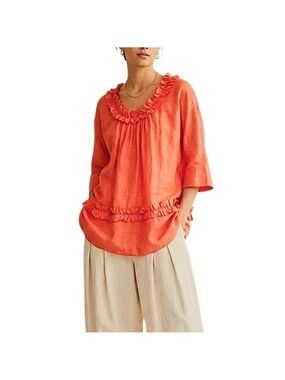Weekend Max Mara 100% ramie deep coral ruffle quiet luxury tunic blouse top 4